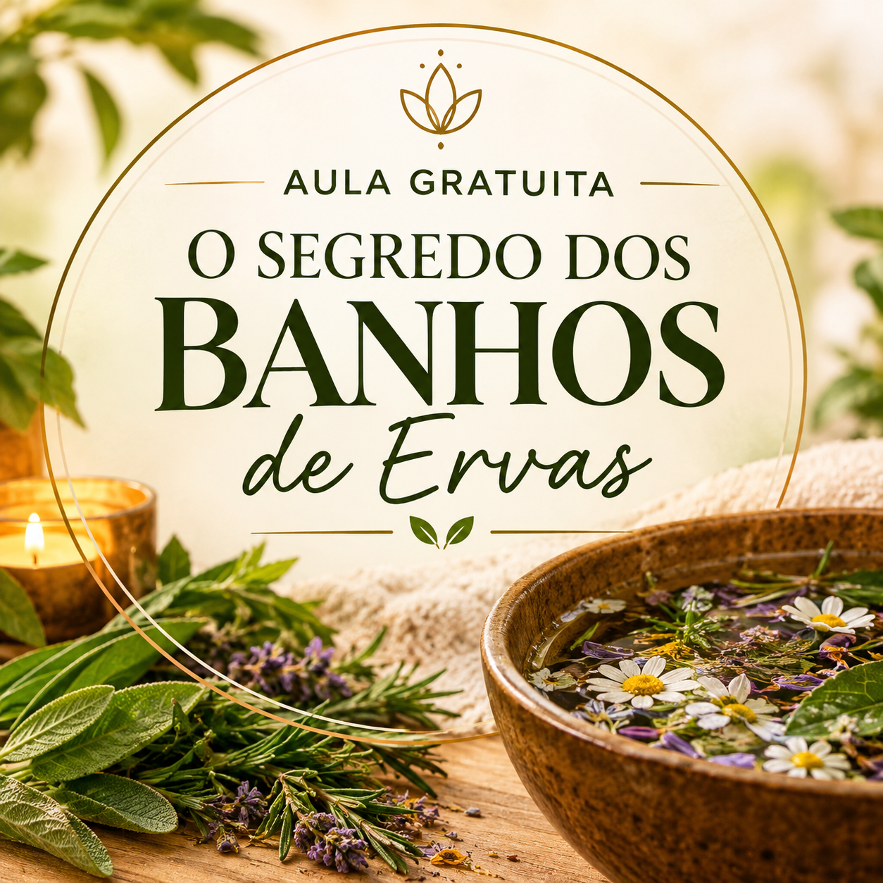 Aula Gratuita: O Segredo dos Banhos de Ervas, tigela com flores e ervas, camomila e lavanda
